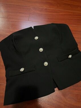 Dynamite Black Strapless Peplum Top with Pearl Buttons